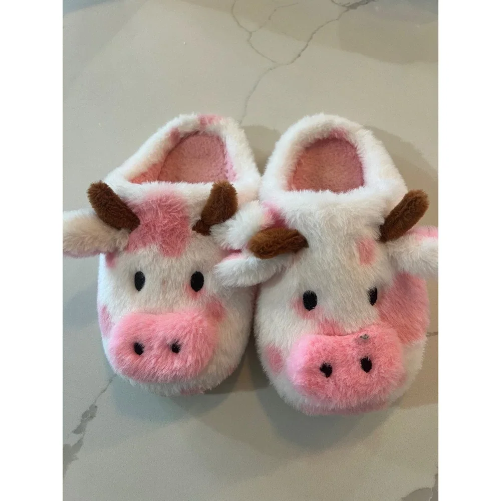 Pink Cow Print Plush Slippers Fuzzy House Shoes Kids Size 35 Cow Face Design